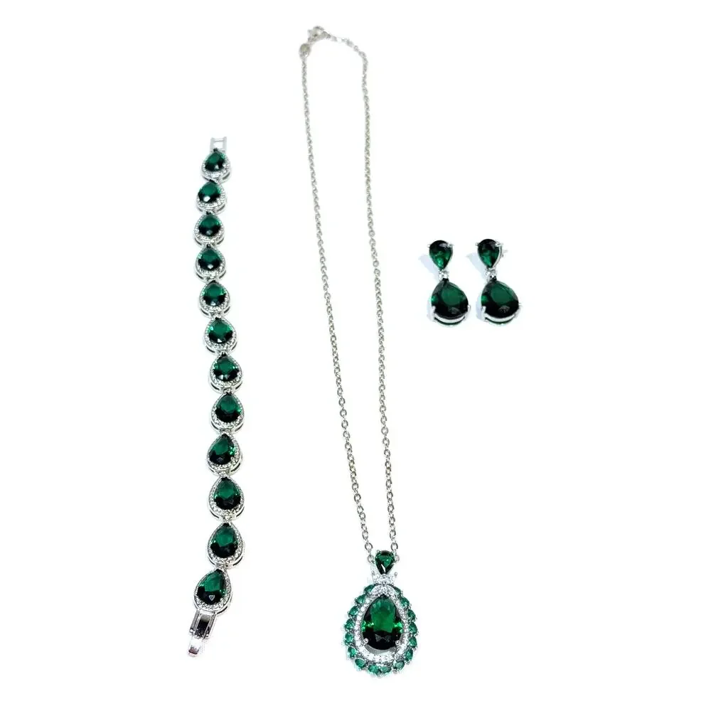 Emerald Teardrop Pear Shape Necklace Pendant, Earrings, Bracelet Set, Plated - Picture 1 of 10